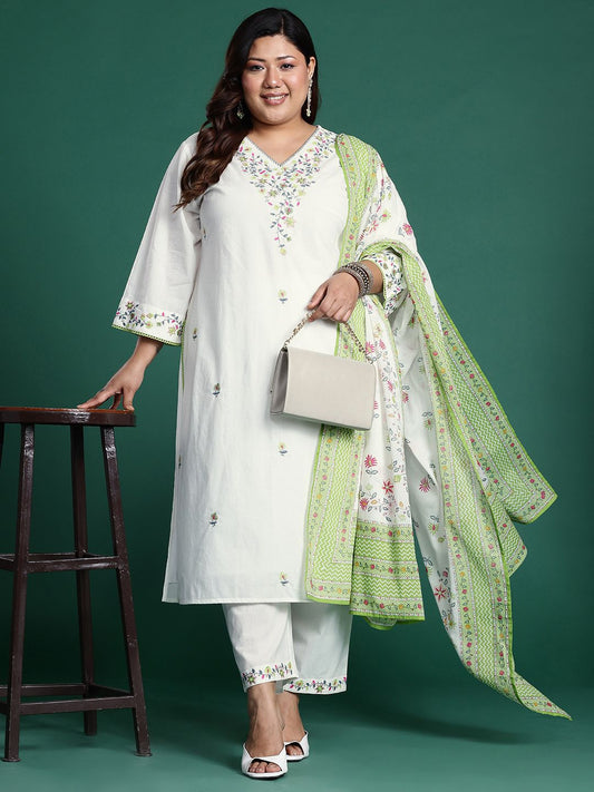 Dhiyona Women's Plus Size Floral Embroidered Thread Work Pure Cotton Kurta Set