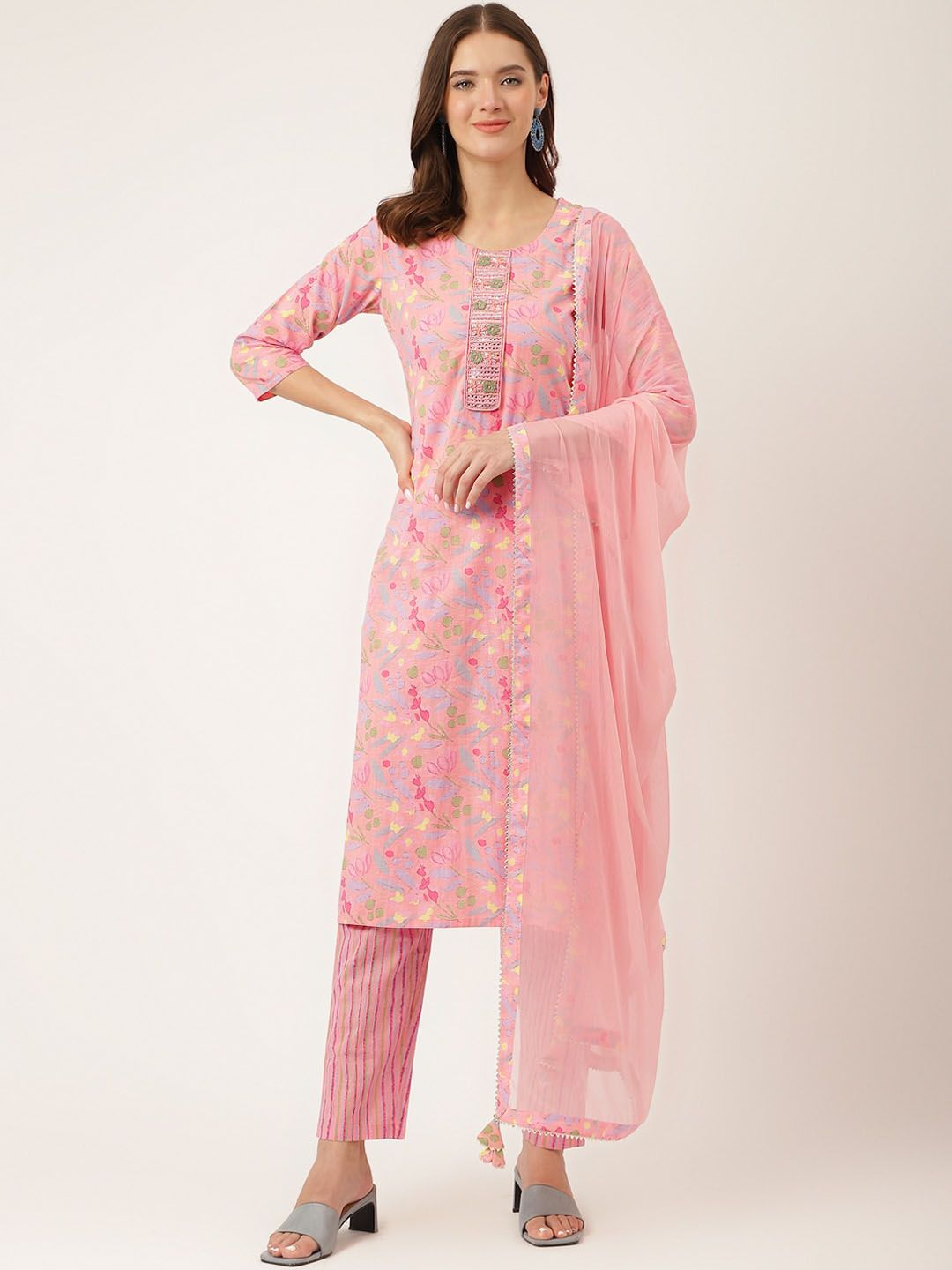 Dhiyona KL Floral Printed Mirror Work Pure Cotton Kurta With Trousers & Dupatta