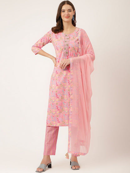 Dhiyona KL Floral Printed Mirror Work Pure Cotton Kurta With Trousers & Dupatta
