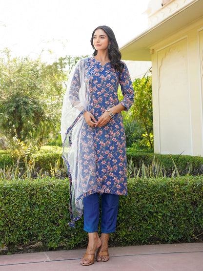 Dhiyona KL Floral Printed Gotta Patti Straight Kurta & Trousers With Dupatta