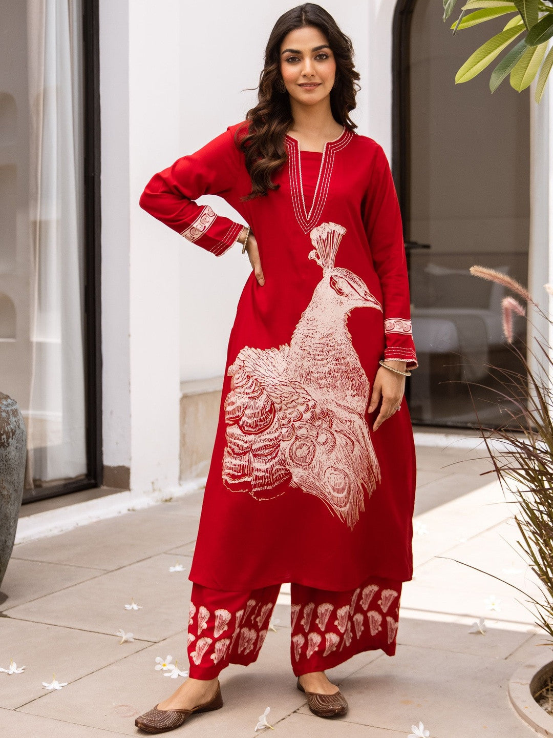 Birds Printed Notch Neck Thread Work Kurta With Palazzos