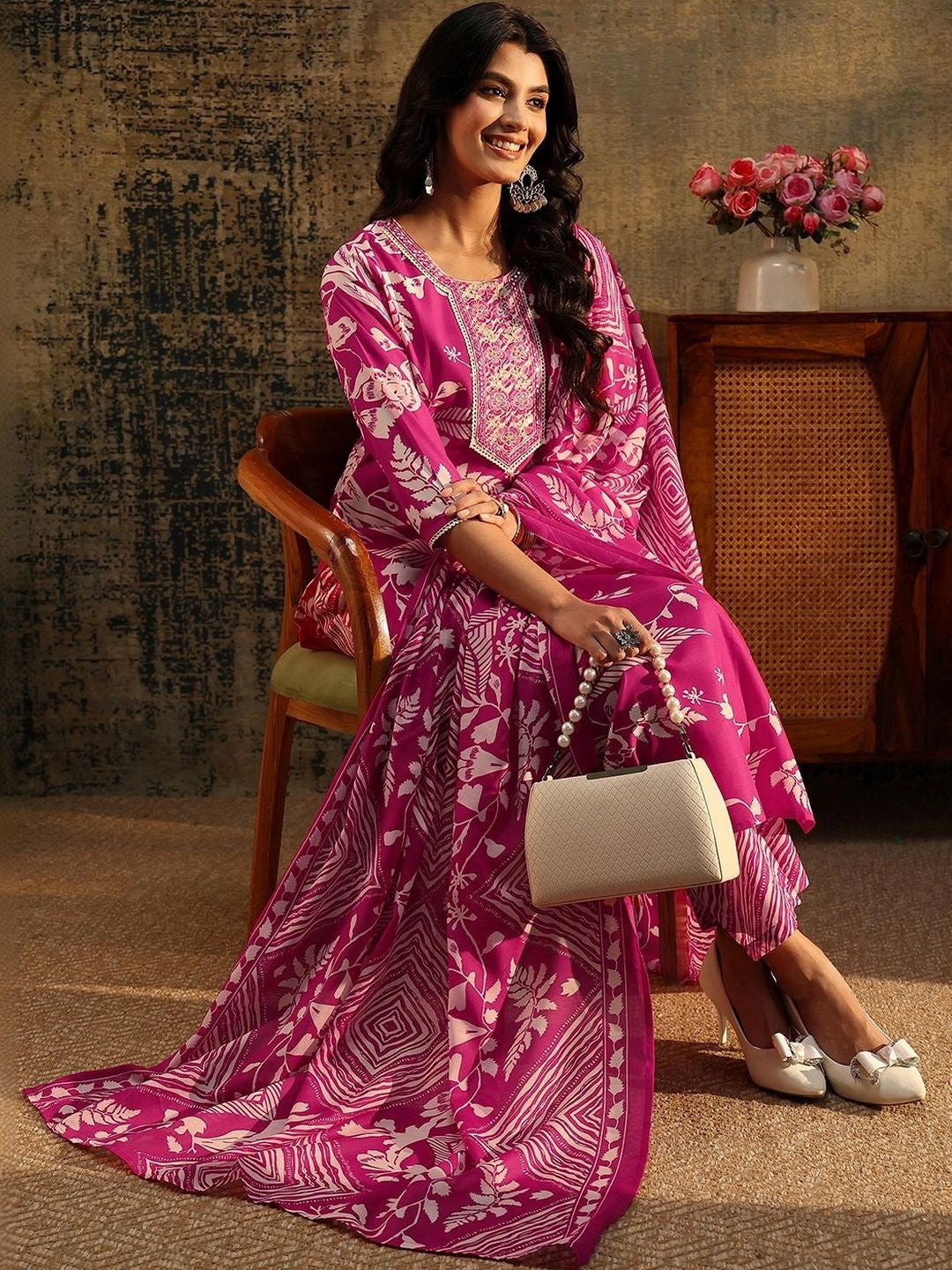 Rani Pink Floral Printed Cotton Blend Straight Suit Set