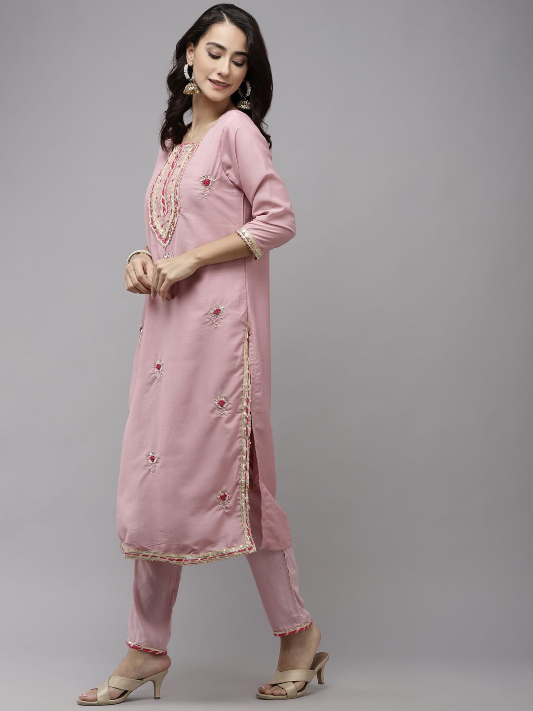 Dhiyona IS Women's Women Pink Floral Embroidered Regular Gotta Patti Pure Silk Kurta with Trousers & With Dupatta