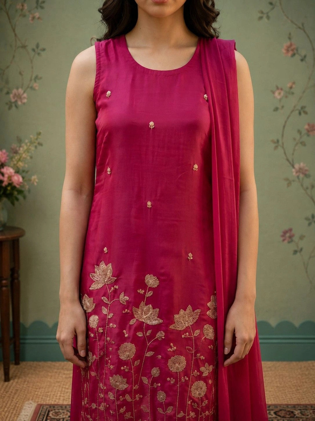 Women Floral Embroidered Regular Thread Work Kurta with Sharara & With Dupatta