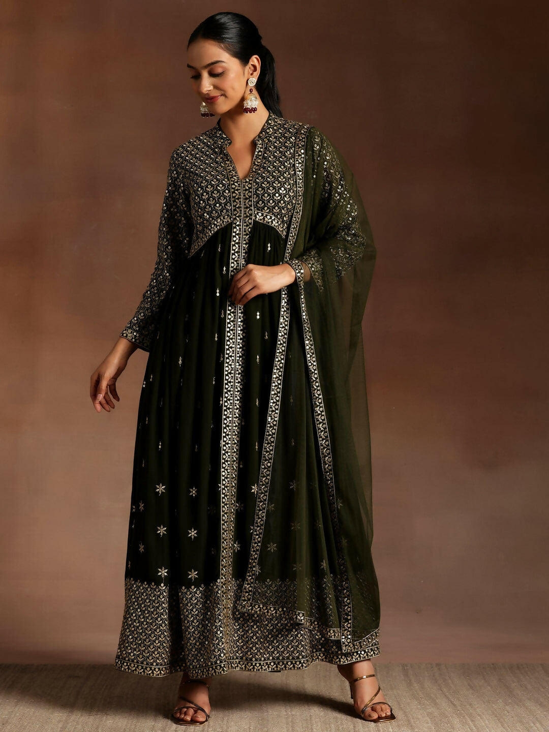 Women's LB Chandni Olive Embroidered Georgette A-Line Kurta With Trousers & Dupatta