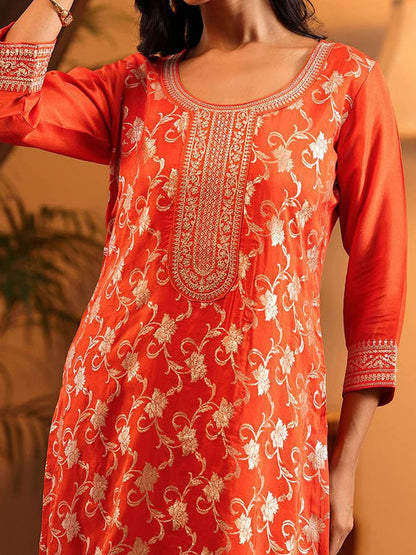 Dhiyona LL Floral Woven Design Round Neck Straight Kurta With Palazzo & Dupatta