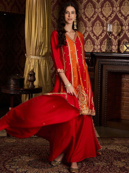 Dhiyona CH Women Ethnic Motifs Embroidered Panelled Thread Work Kurta with Palazzos & With Dupatta