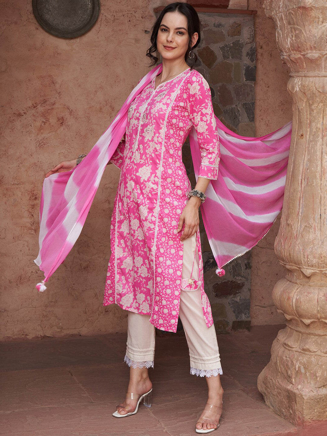 Floral Printed Pure-Cotton Kurta With Trouser & Dupatta