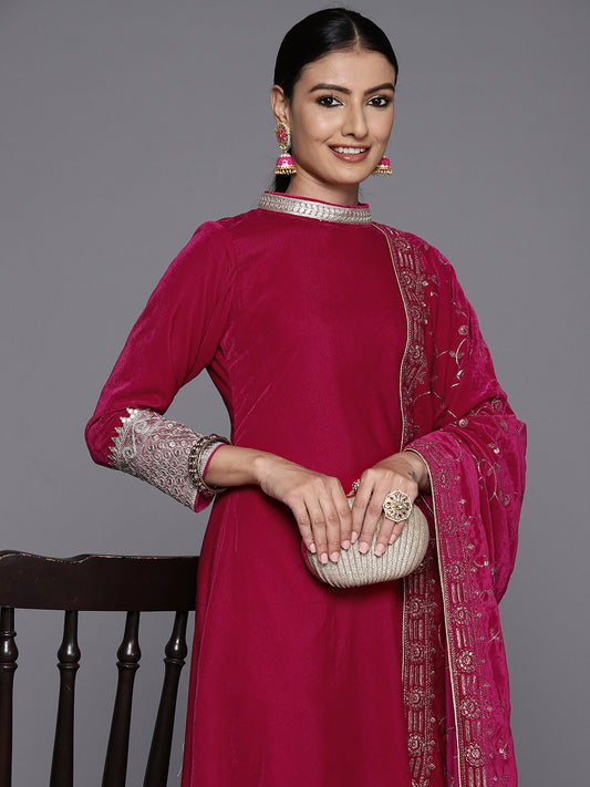 Women Regular Sequinned Velvet Kurta with Trousers & With Dupatta
