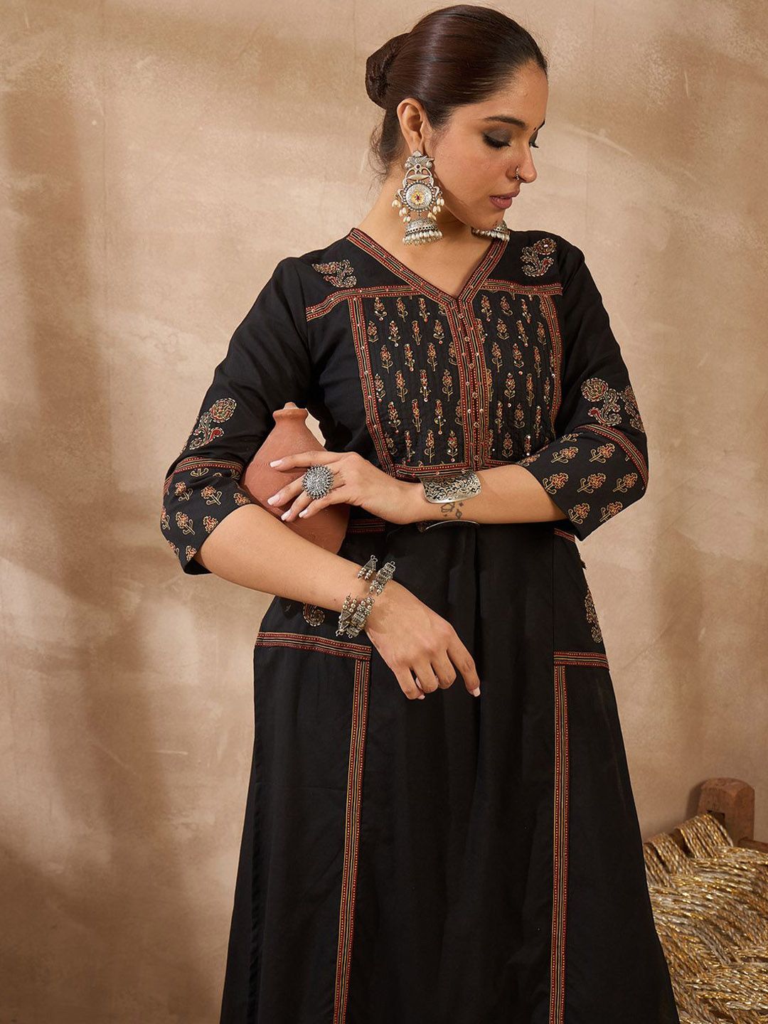 Dhiyona IE Women Ethnic Motifs Embroidered Pleated Sequinned Pure Cotton Kurta with Trousers