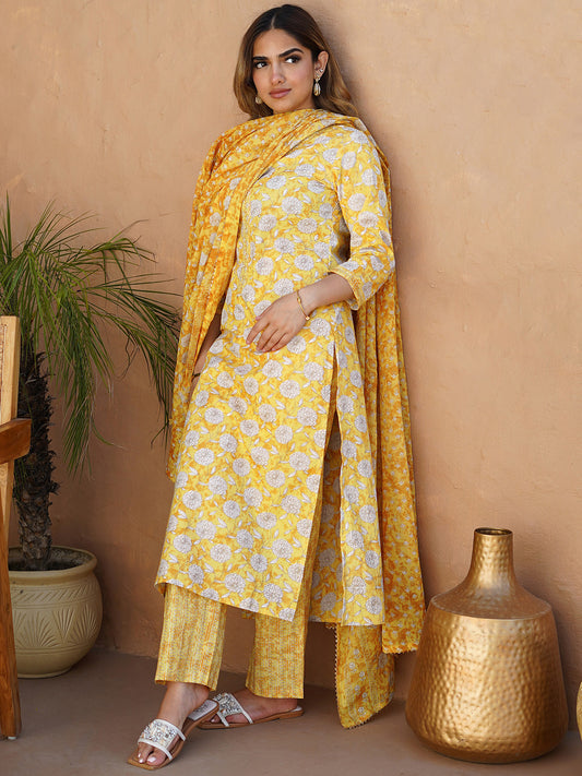 Women Floral Printed Pure Cotton Gotta Patti Kurta With Palazzos & Dupatta