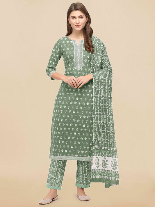 Dhiyona KL Women Green Ethnic Motifs Printed Regular Gotta Patti Kurta with Palazzos & With Dupatta