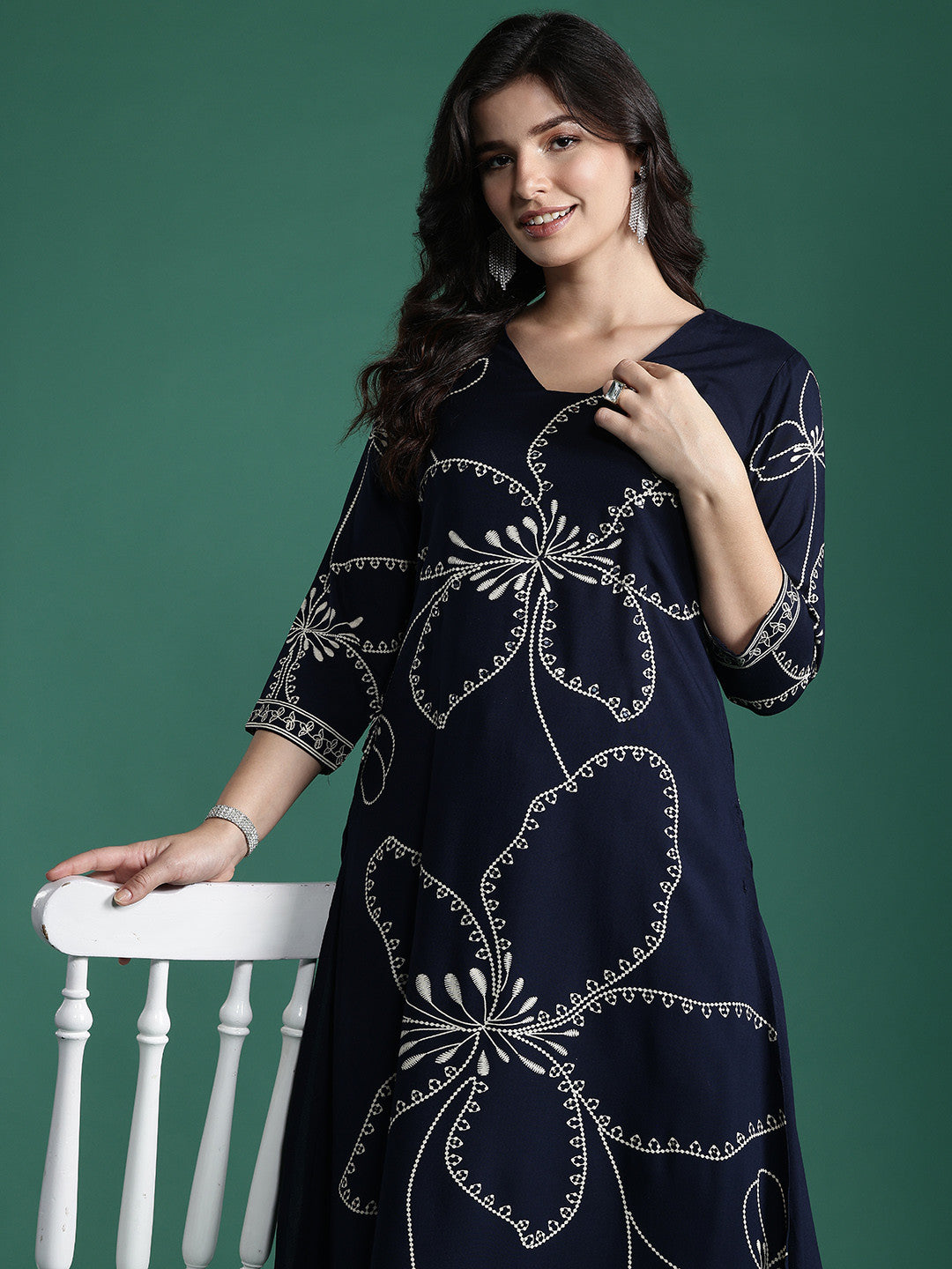 Floral Printed Mirror Work Kurta with Trousers