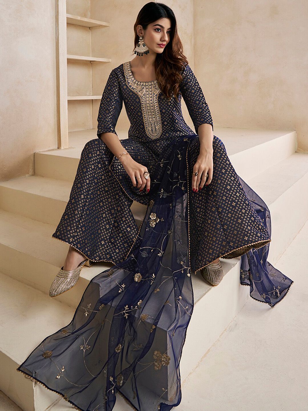 Dhiyona IN Floral Woven Design Zari Kurta With Sharara & Dupatta