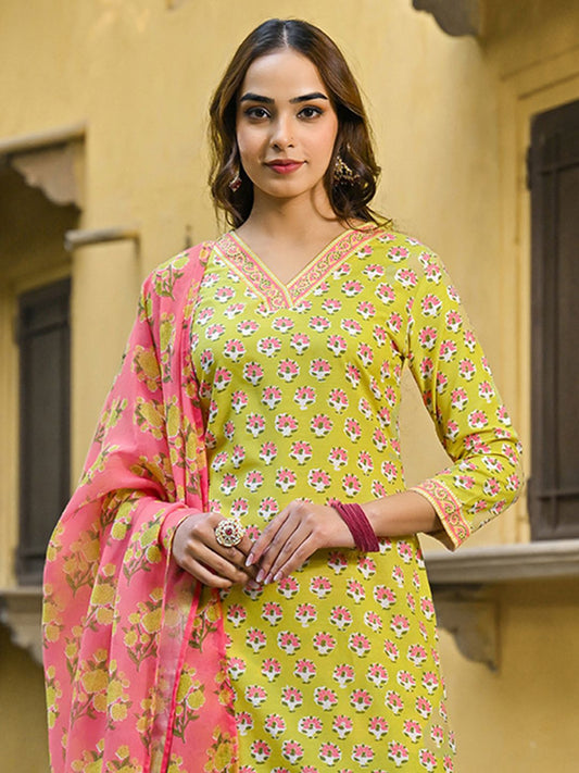 Dhiyona KL Floral Printed Straight Kurta with Trousers & Dupatta