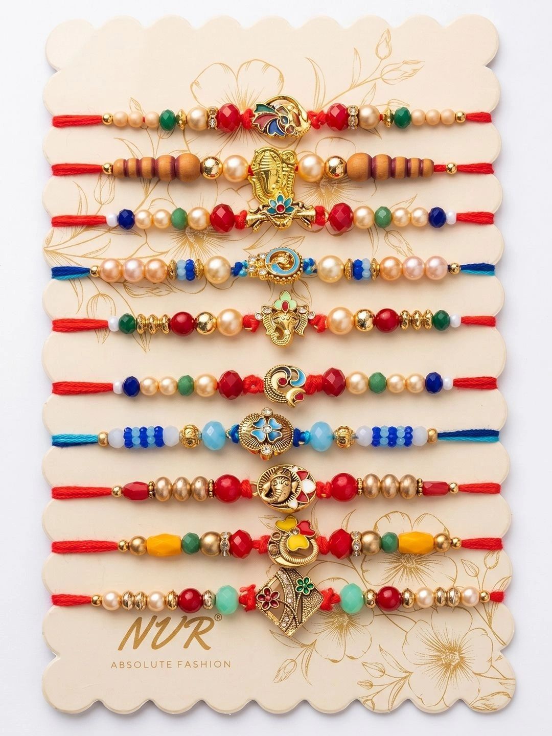 Dhiyona Set Of 10 Artificial Stones & Beads Thread Rakhi With Roli Chawal Chandan Mishri