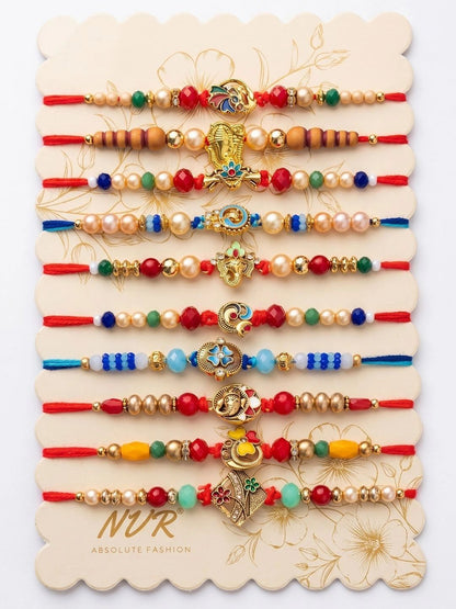 Dhiyona Set Of 10 Artificial Stones & Beads Thread Rakhi With Roli Chawal Chandan Mishri