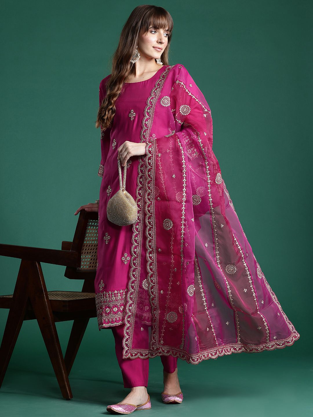 Dhiyona IE Floral Embroidered Sequinned Kurta With Trousers & Dupatta