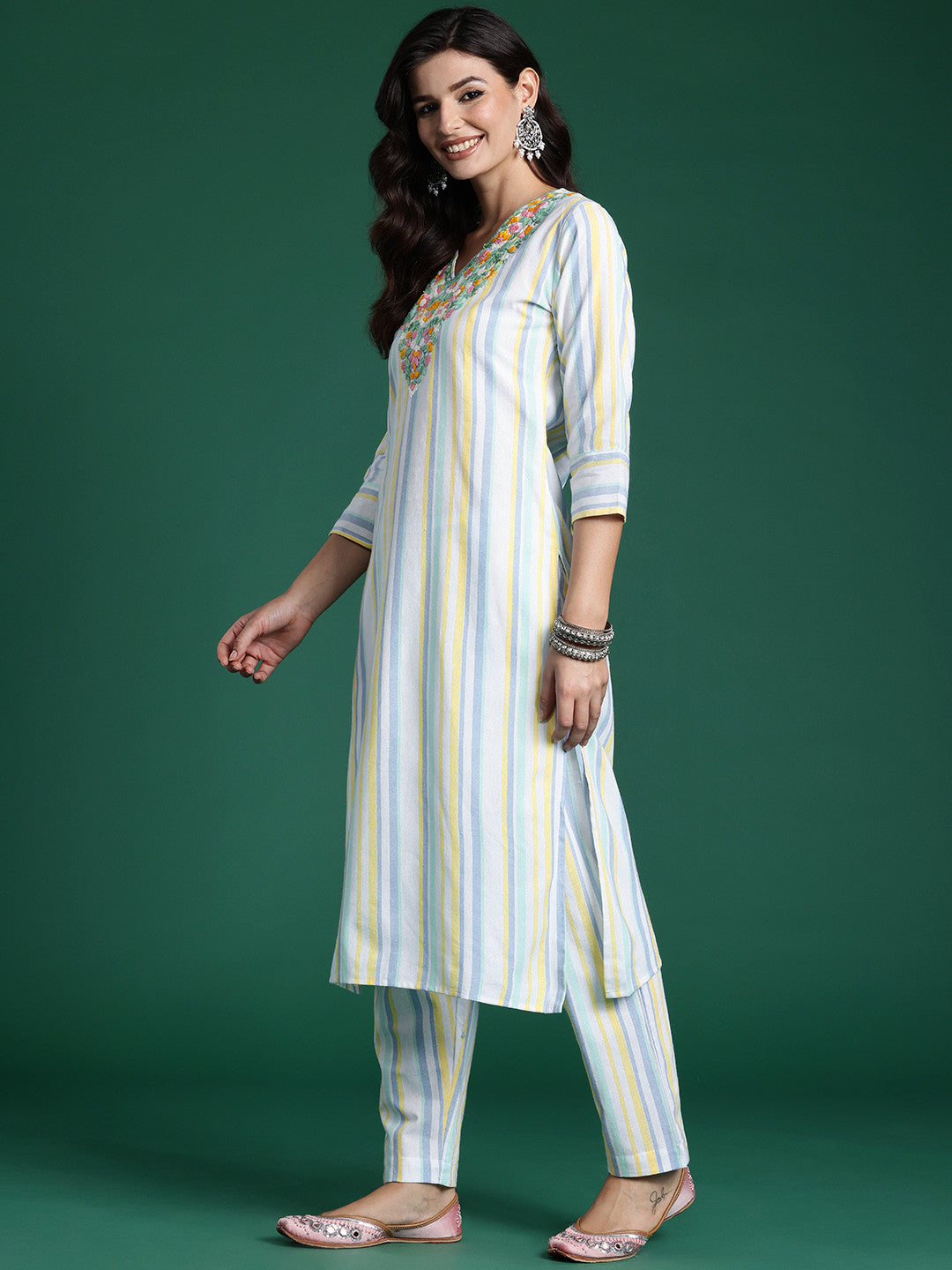 Striped Thread Work Pure Cotton Kurta with Trousers