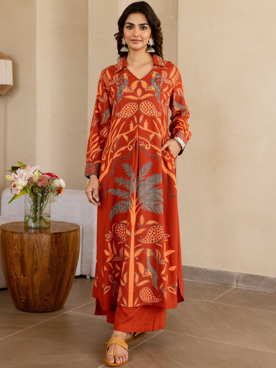 Ethnic Motifs Printed Beads and Stones Straight Kurta with Trouser