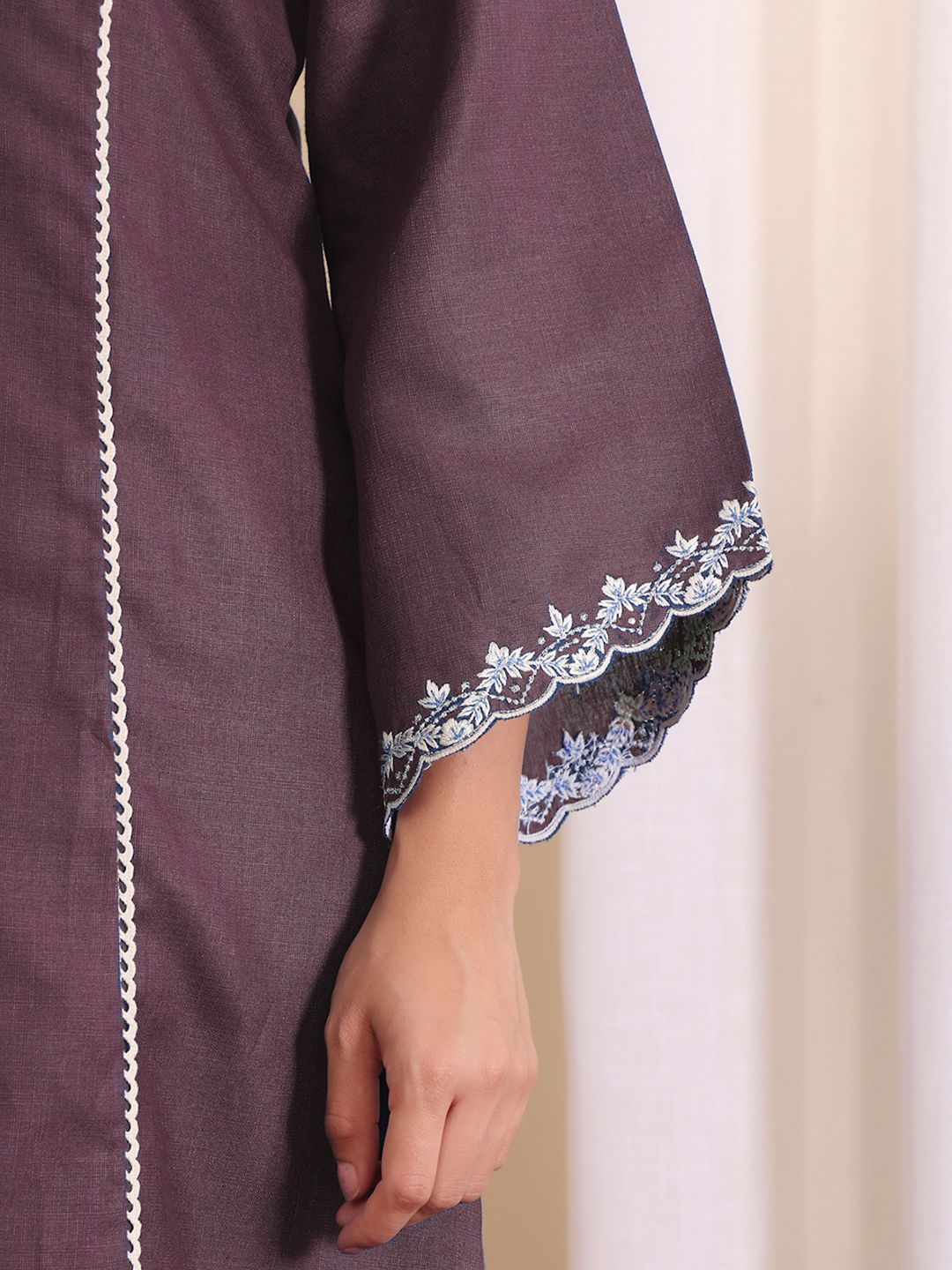 Brown V-Neck Embroidered Thread Work Straight Kurta With Trousers