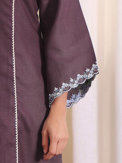 Brown V-Neck Embroidered Thread Work Straight Kurta With Trousers