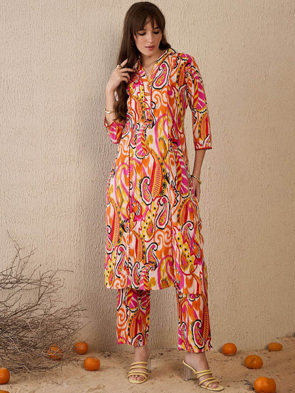 Women Printed Panelled Pure Cotton Kurta with Trousers