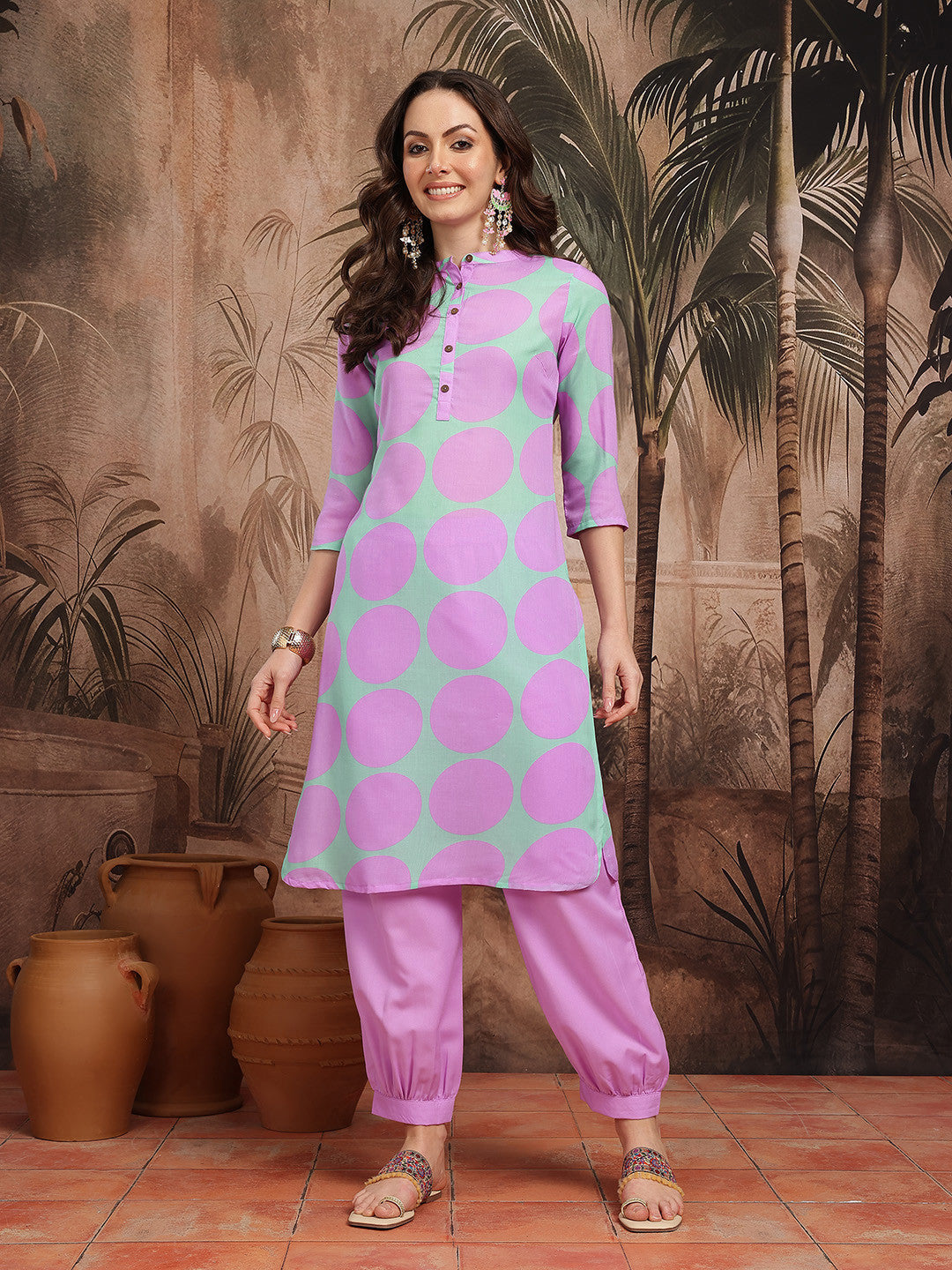 Geometric Print Band Collar Straight Kurta with Salwar