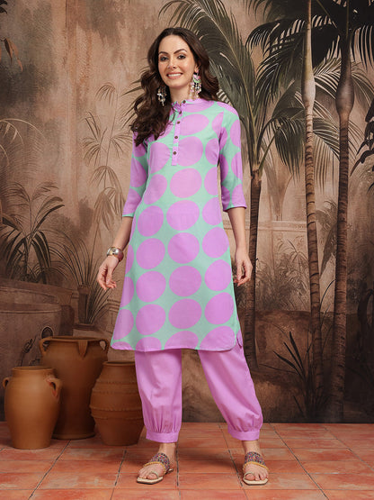 Geometric Print Band Collar Straight Kurta with Salwar