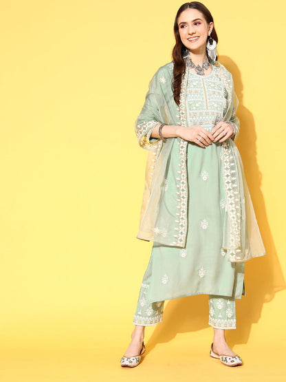 Dhiyona VA Women's Ethnic Motifs Embroidered Thread Work Kurta with Trousers & With Dupatta