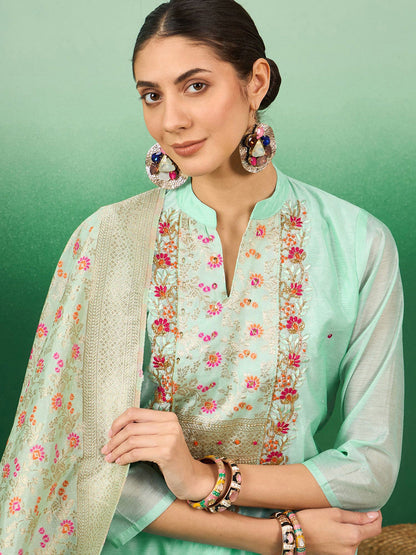 Sea Green Floral Yoke Design Zari Straight Kurta With Trousers & Dupatta