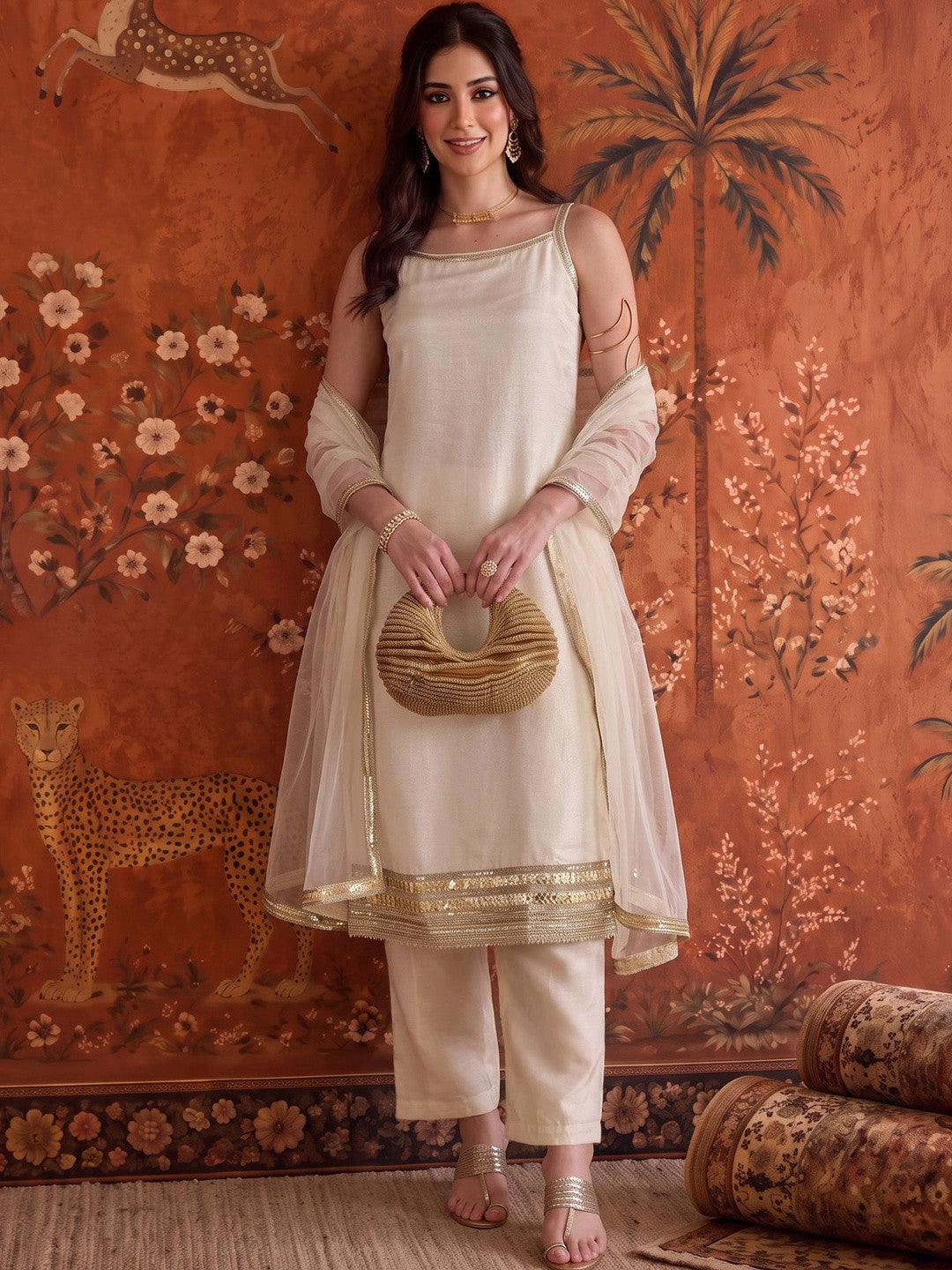 Dhiyona SN Silk Blend Round Neck Kurta & Churidar With Dupatta