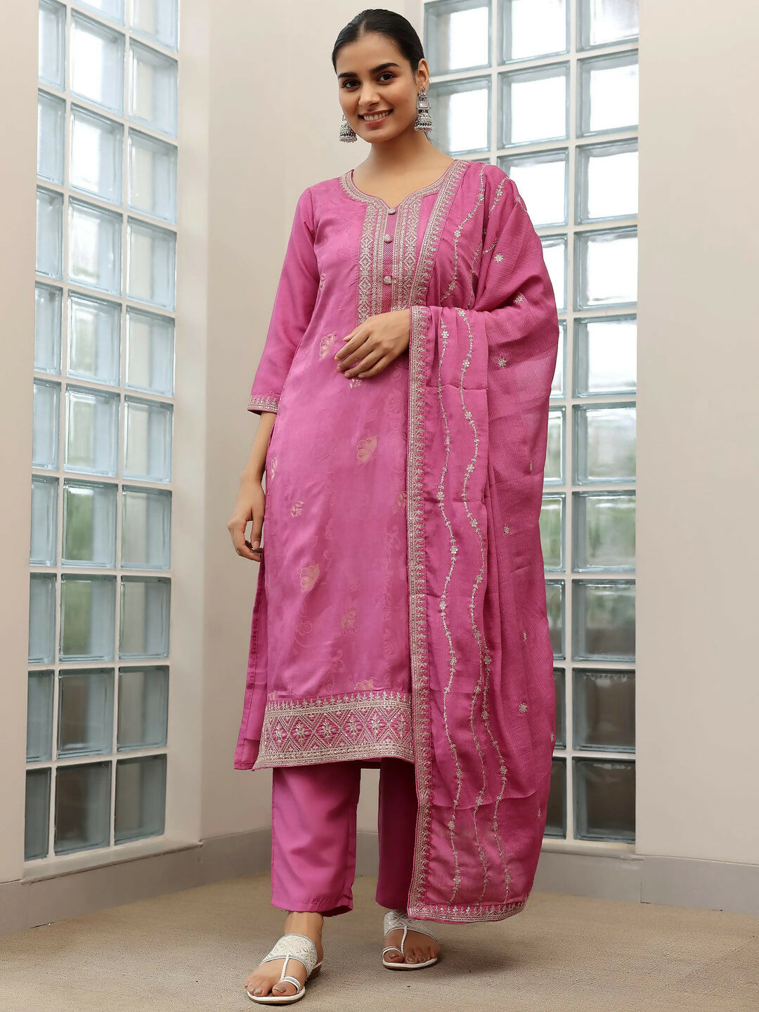 Women's LB Mauve Woven Design Silk Blend Straight Suit With Dupatta