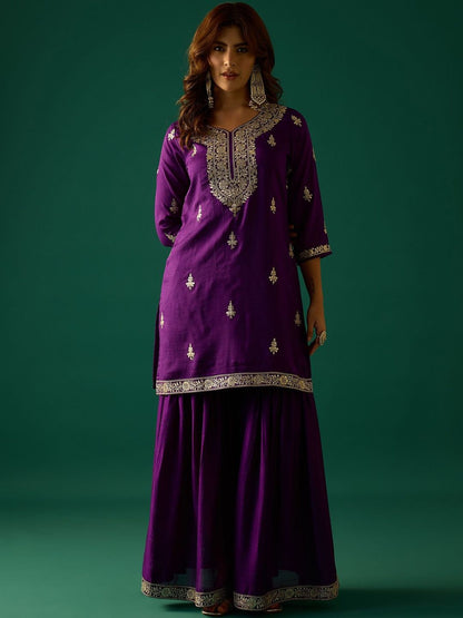 Dhiyona VA Ethnic Motifs Embroidered Zari Kurta With Sharara & Dupatta