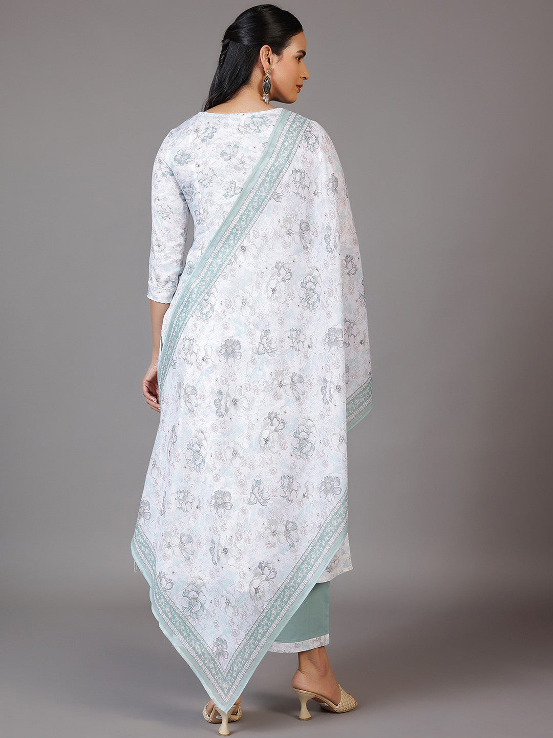 Floral Printed Pleated A-Line Kurta With Palazzos & Dupatta