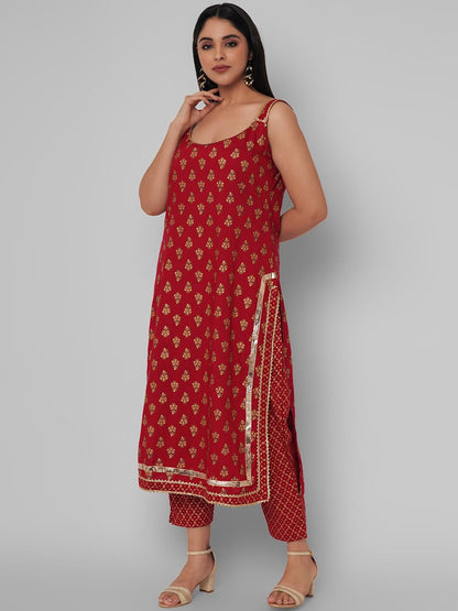 Dhiyona KL Women Red Ethnic Motifs Embroidered Gotta Patti Kurti with Trousers & With Dupatta