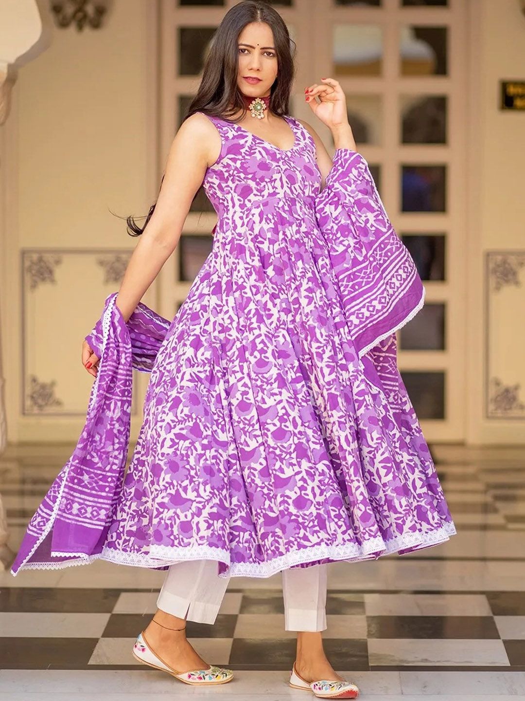 Dhiyona KL Floral Printed Empire Anarkali Kurta with Trousers & Dupatta