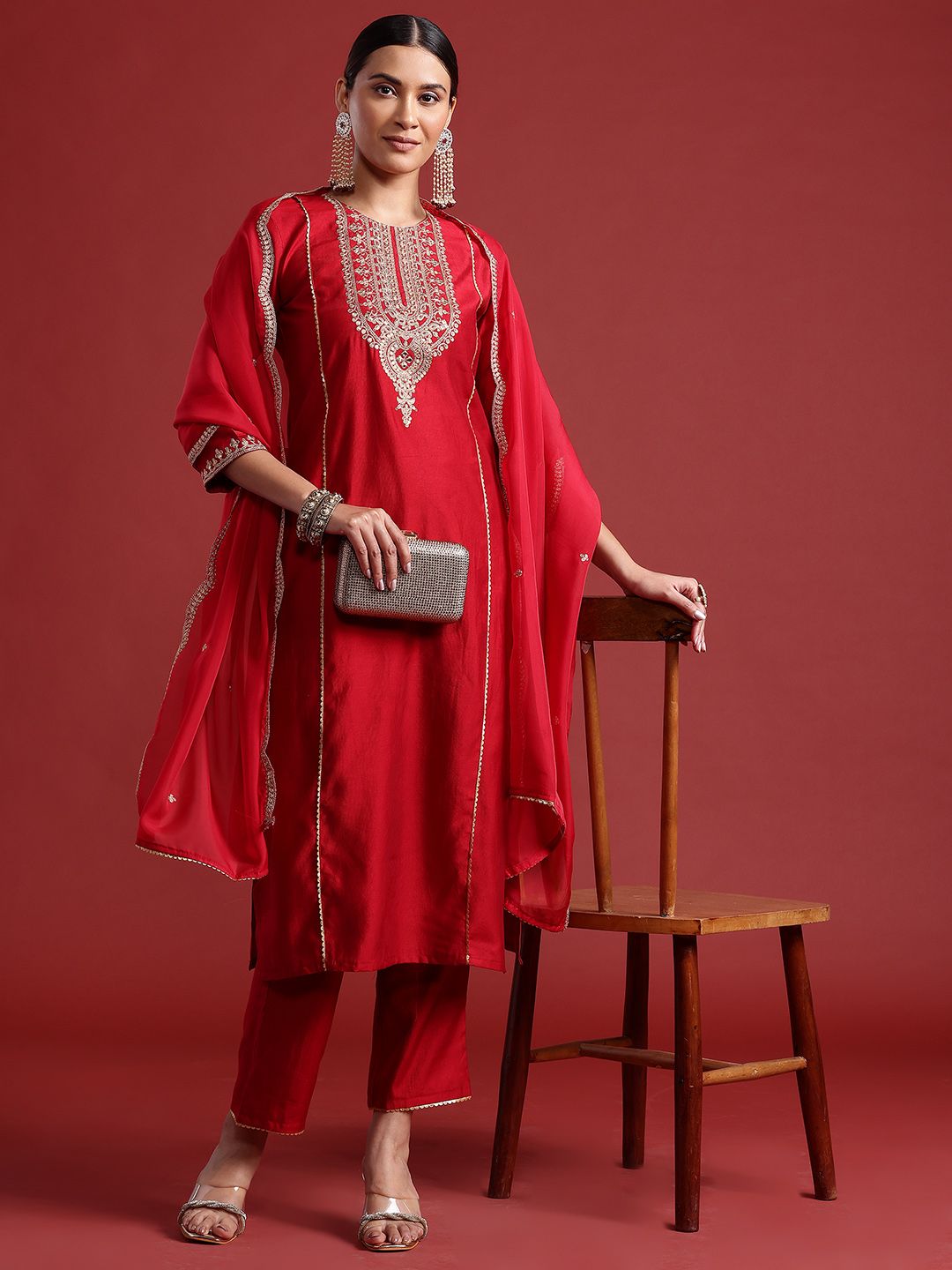 Dhiyona IE Ethnic Motifs Yoke Design Zari Panelled Liva Kurta With Trousers & Dupatta