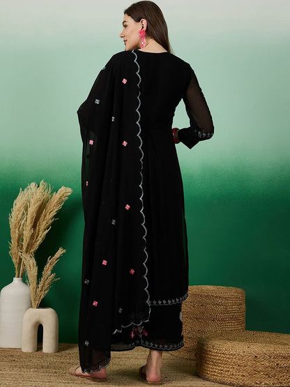 Dhiyona KL Floral Embroidered V-Neck Cuffed Sleeves Thread Work Kurta ,Palazzos & Dupatta