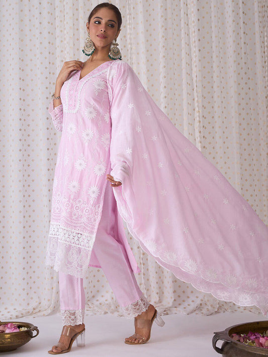V Neck Floral Embroidered Pure Cotton Kurta with Trouser & Dupatta
