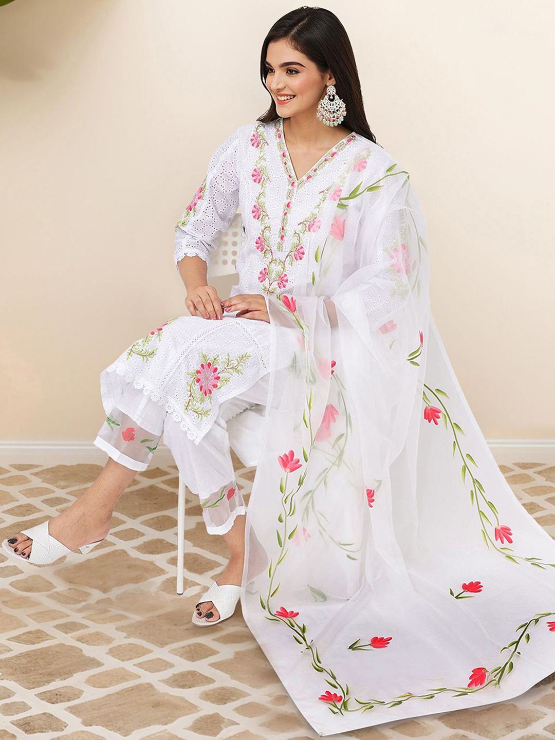 Dhiyona IS Women's Floral Embroidered Thread Work Pure Cotton Kurta with Trousers & Dupatta