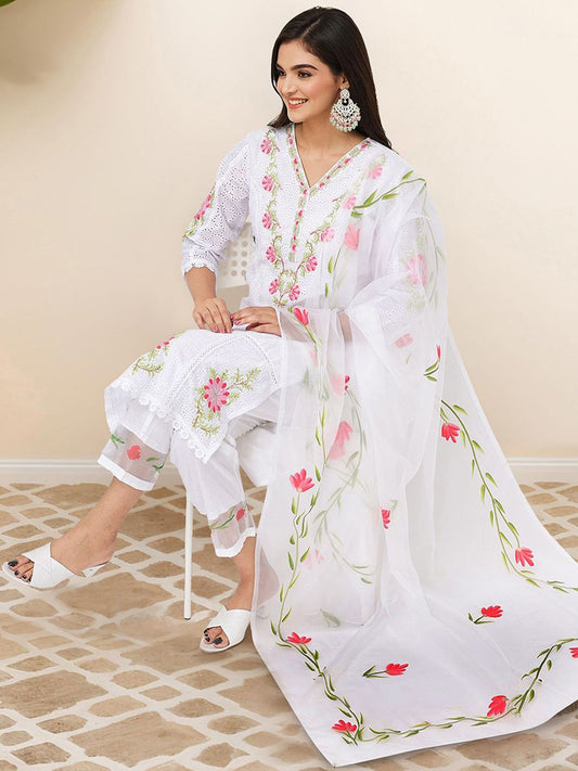 Dhiyona IS Women's Floral Embroidered Thread Work Pure Cotton Kurta with Trousers & Dupatta