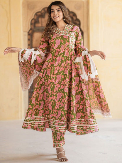 Dhiyona KL Floral Embroidered Gotta Patti Angrakha Pure Cotton Kurta with Trousers & Dupatta