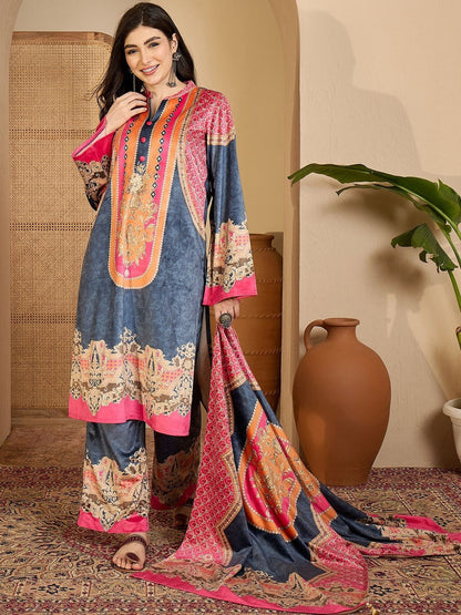 Printed Velvet Mandarin Collar Kurta & Trousers Kurta Sets