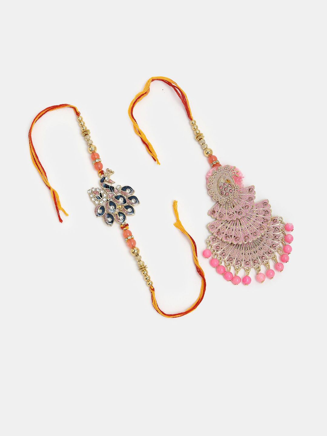 Dhiyona Unisex Set Of 2 Multicolor Peacock Design Stone & Beaded Bhaiya Bhabhi Rakhi