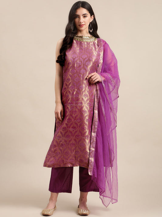 Dhiyona VA Women Purple Ethnic Motifs Woven Design Kurta With Palazzos & Dupatta