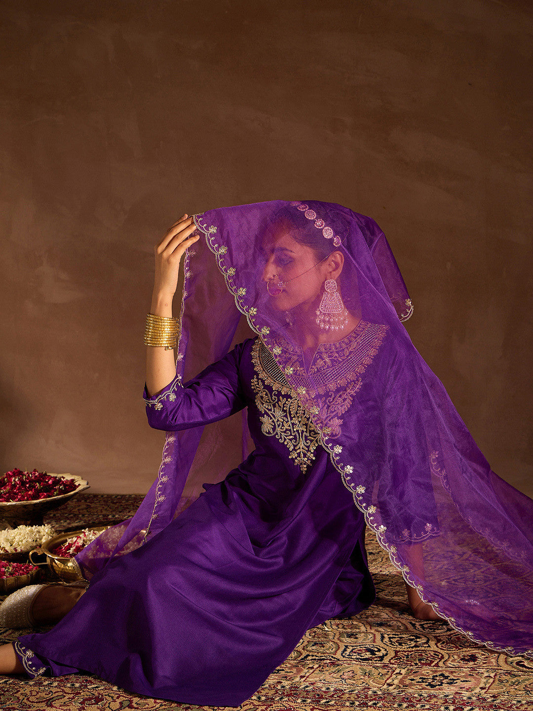Purple Ethnic Motifs Zari Embroidered Kurta with Trousers & With Dupatta