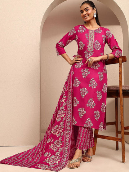 Women Floral Printed Regular Thread Work Kurta with Trousers & With Dupatta