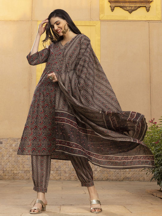 Dhiyona IS Women's Kalamkari Printed Zari embroidered Cotton Kurta with Trouser & Cotton Dupatta