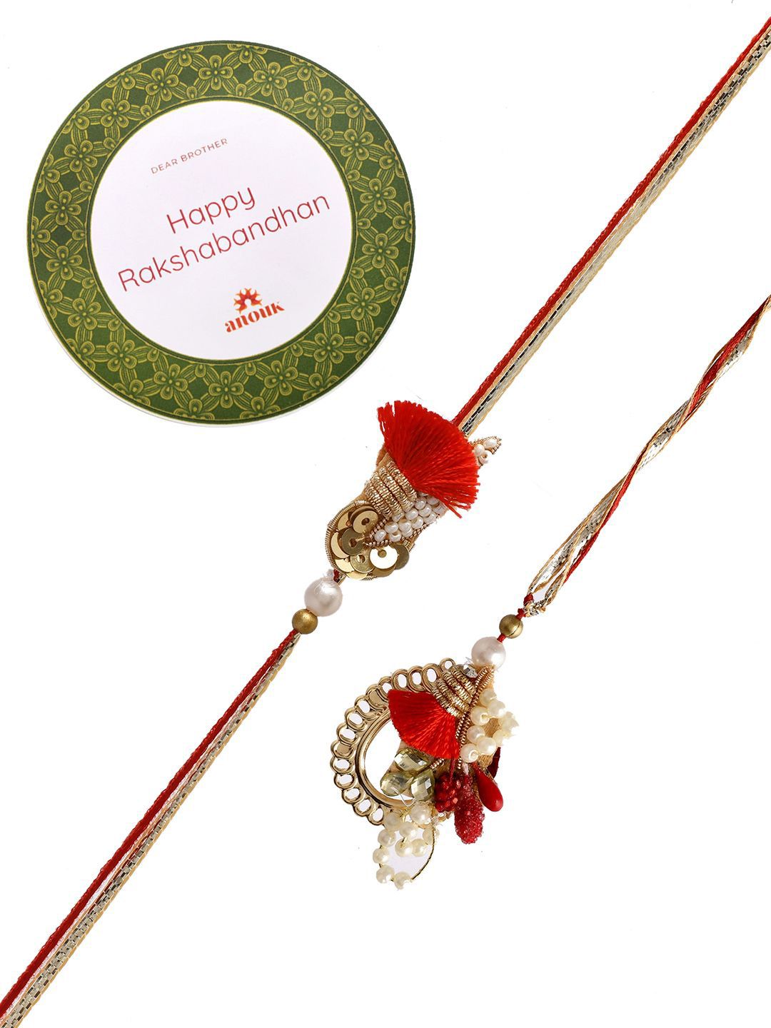 Dhiyona Red Pearl-Beaded Bhaiya Bhabhi Rakhi With Roli Chawal & Greeting Card